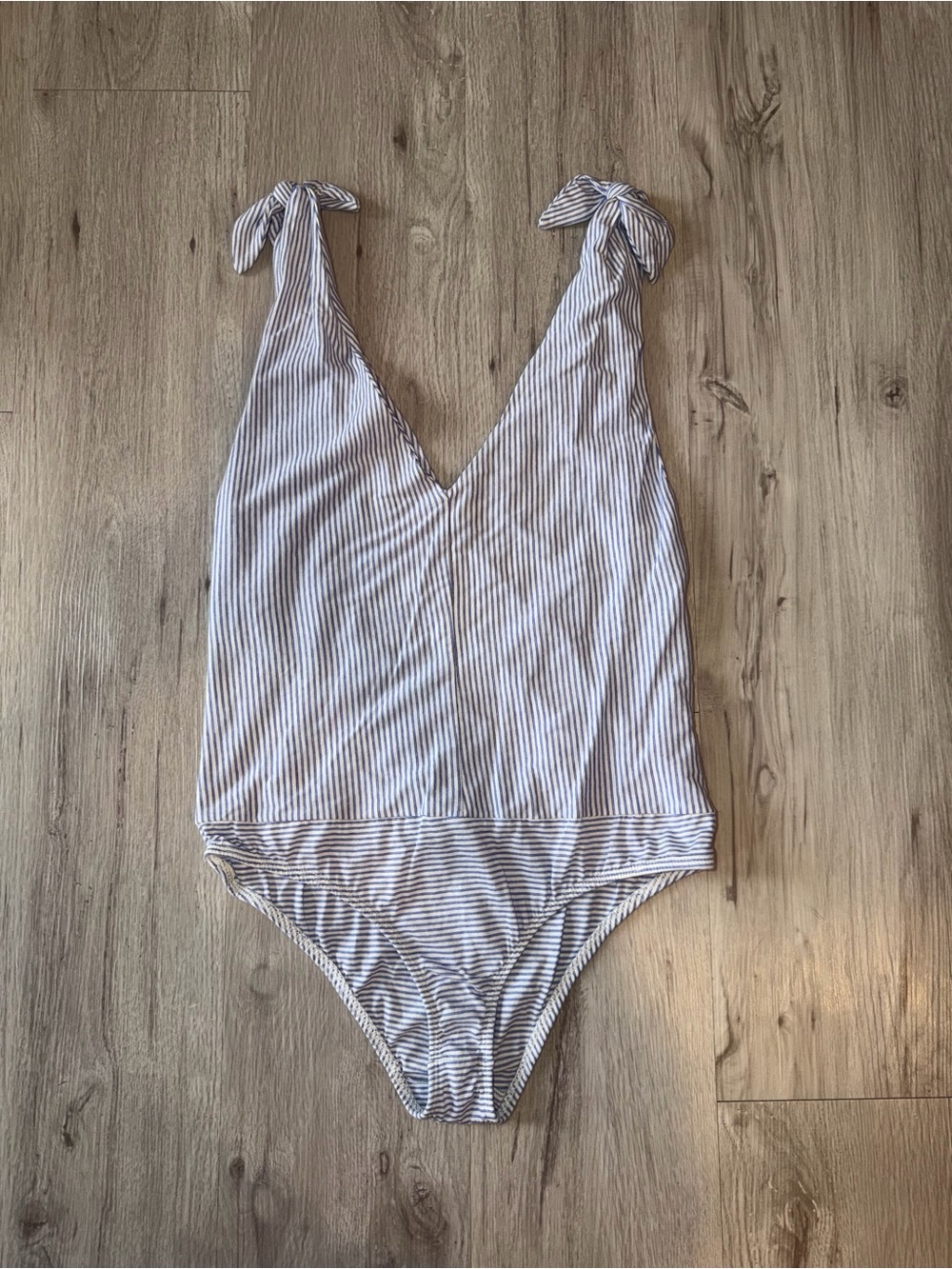 Zara Blue and White Striped Tie-Shoulder Women’s Bodysuit